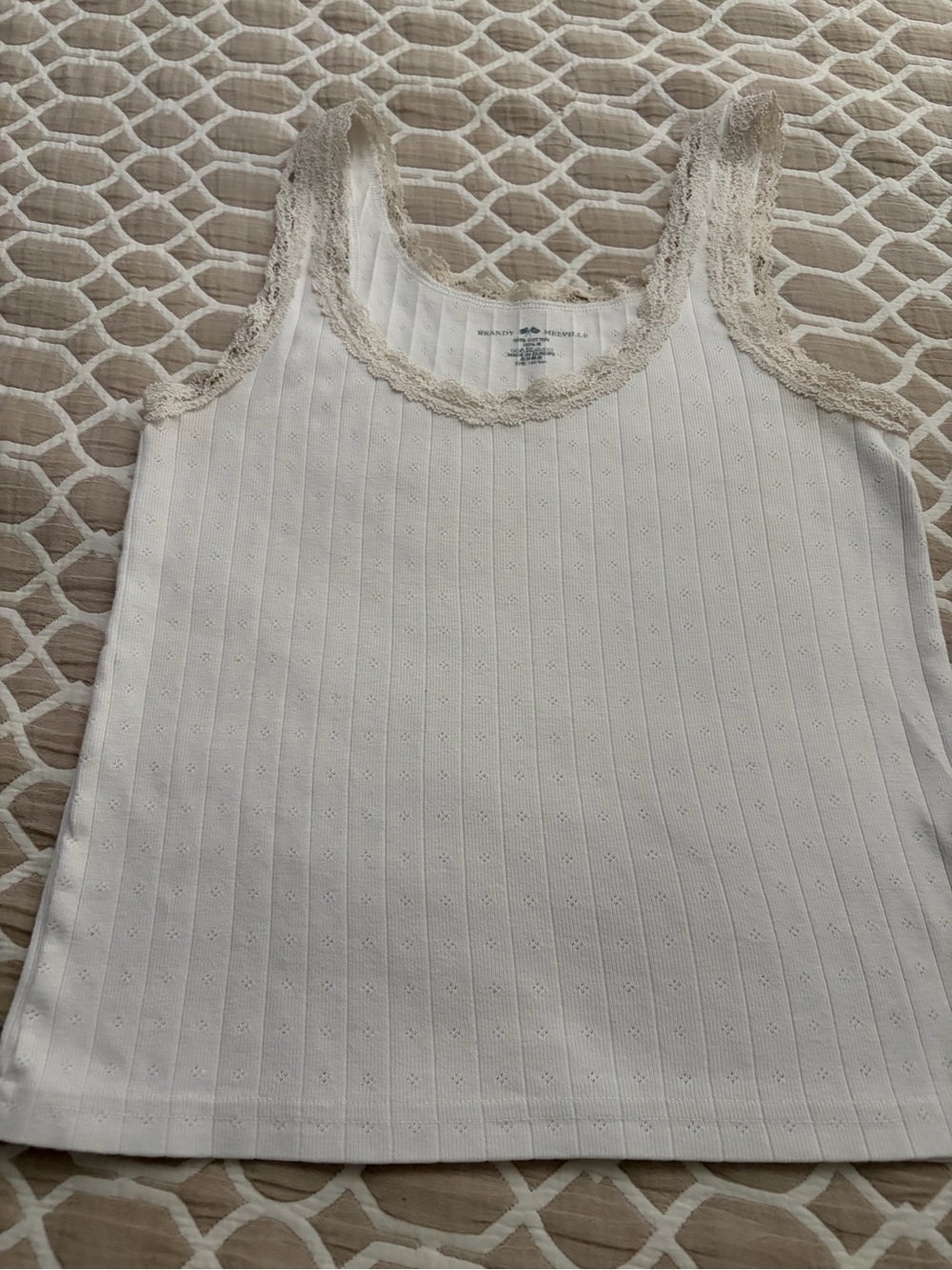 Brandy Melville White Lace-Trim Ribbed Tank Top - Women